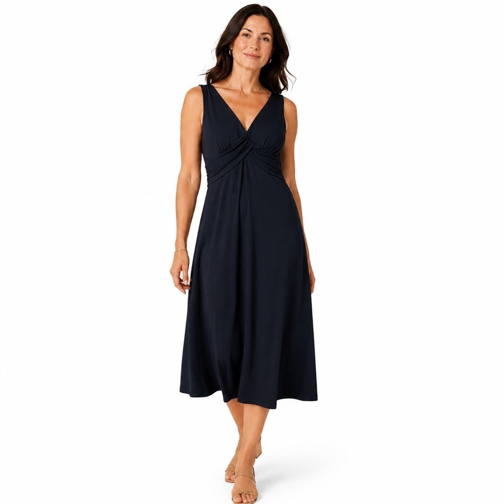 Ann Taylor Loft Empire Waist Solid Jersey Midi Dress Navy Blue Classic Size 6